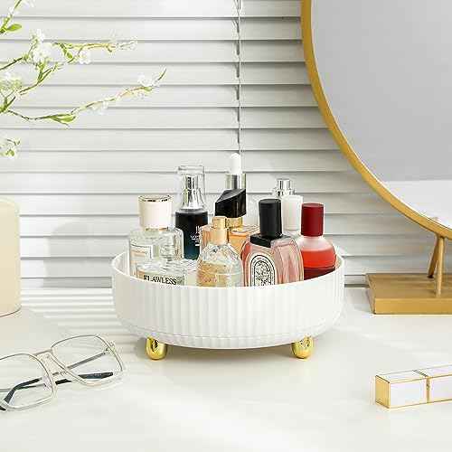 Anyoifax Makeup Perfume Organizer Tray 360 Degree Rotating Lazy Susan Skincare Lotion Organizer Spinning Cosmetics Storage for Dresser, Vanity, Bathroom Countertop, Small Ivory White