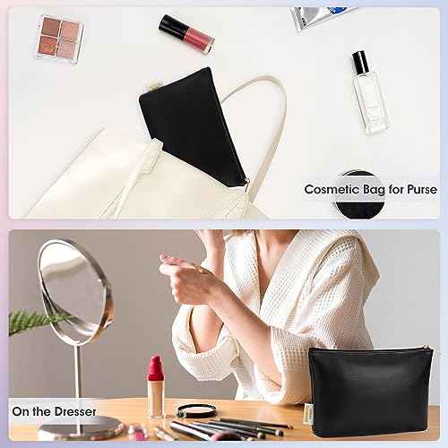 Wandering Nature Makeup Bag Small Cosmetic Bag for Purse 2 Pack Small Make Up Pouch Vegan Leather Cute Travel Pouch with Zipper for Women, Black