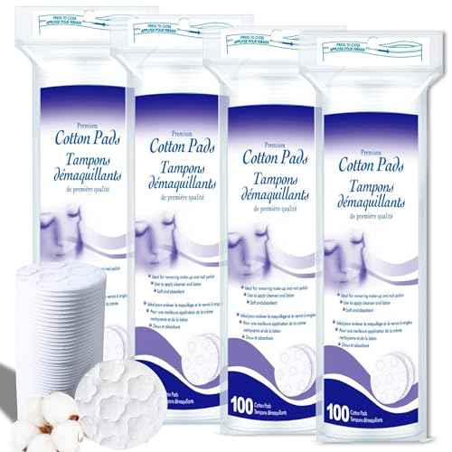 400 Count Cotton Pads for Face, Round Makeup Remover Pads 100% Pure & Organic Cotton Rounds for Face Cleansing, Lint-Free Facial Pads (100 Count (4 Pack))