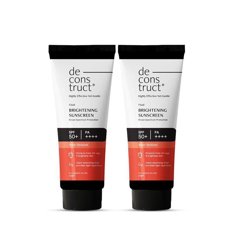 Deconstruct Dry Brightening Fluid Sunscreen SPF 50+ with Niacinamide | Lightweight, Hydrating & Dewy | UVA/UVB Protection | 8-Hour Wear, Water-Resistant, No White Cast | 50g | Pack of 2