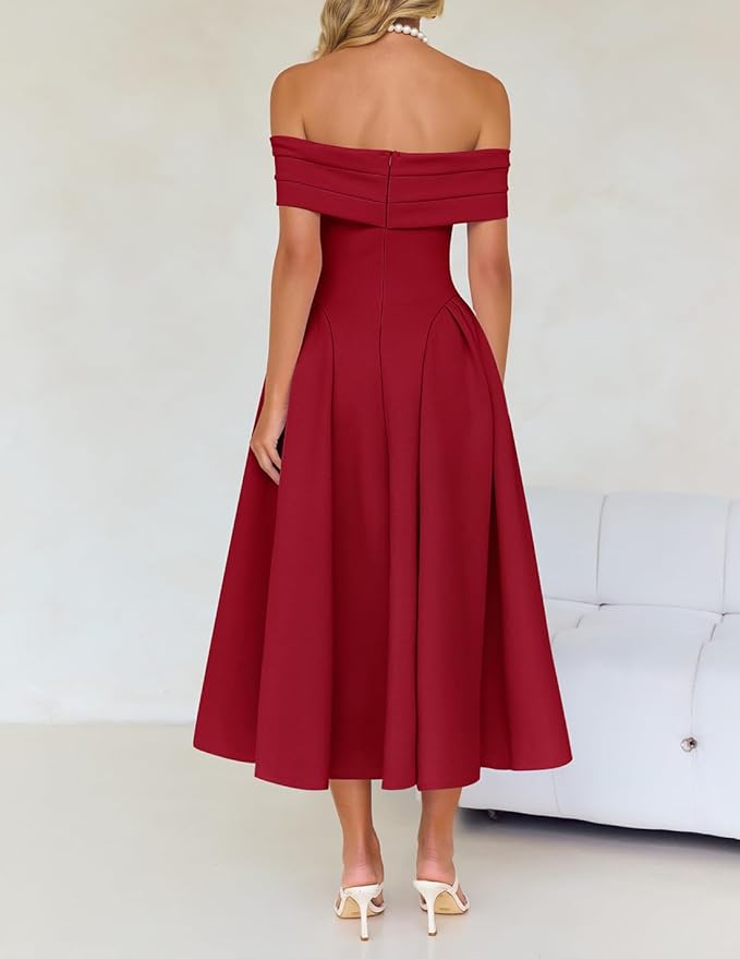 ZESICA Summer 2026 Cocktail Dresses for Women's Off Shoulder Short Sleeve Swing A Line Wedding Evening Party Midi Dress