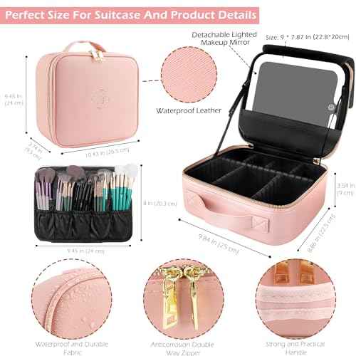 MOMIRA Travel Makeup Bag Cosmetic Bag with Lighted Mirror, Adjustable Brightness in 3 Color Scenarios, Waterproof, 10x Magnifying Mirror, Rotatable Independent Light Mirror- Pink(Solid)
