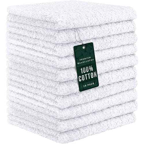 DecorRack 10 Pack 100% Cotton Wash Cloth, Luxurious Soft, 12 x 12 inch Ultra Absorbent, Machine Washable Washcloths, White (10 Pack)