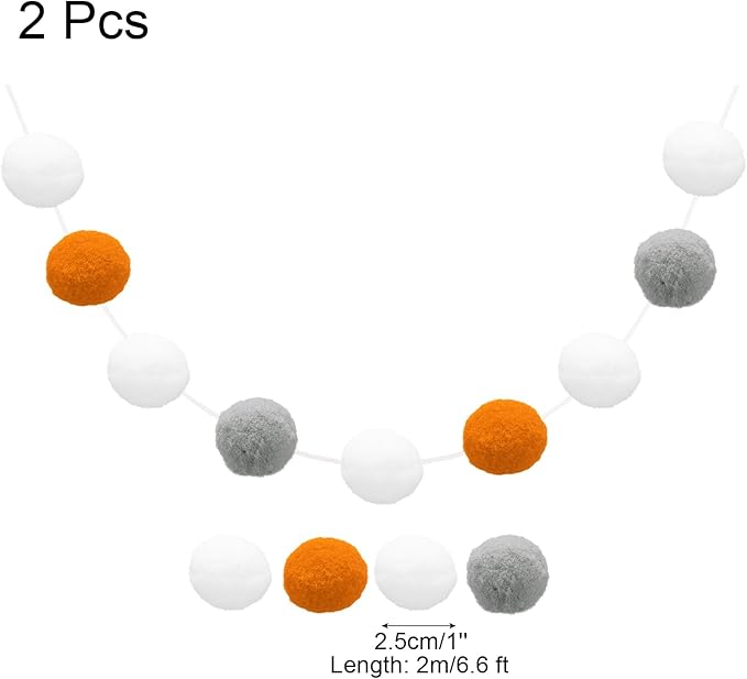 uxcell 2pcs Pom Pom Garland 6.6 Ft 30 Balls Colorful Felt Ball Garland for Wall Christmas Tree Decor Birthday Banner Easter Party Decorations, White, Orange, White, Grey