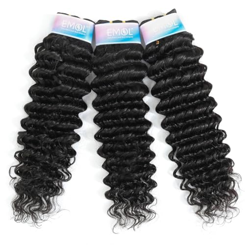 Deep Wave Bundles, Curly Bundles Human Hair, 16 16 16 Inch, Wet and Wavy, Natural Black, Soft, 285g-300g, Brazilian Hair