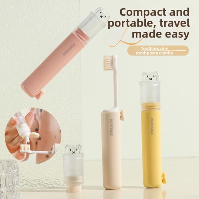 Portable 2-in-1 Travel Toothbrush Set with Compact PP Case and Soft Bristles for Gentle Cleaning, Integrated Toothpaste Storage Holder for On-the-Go Dental Care(Yellow)