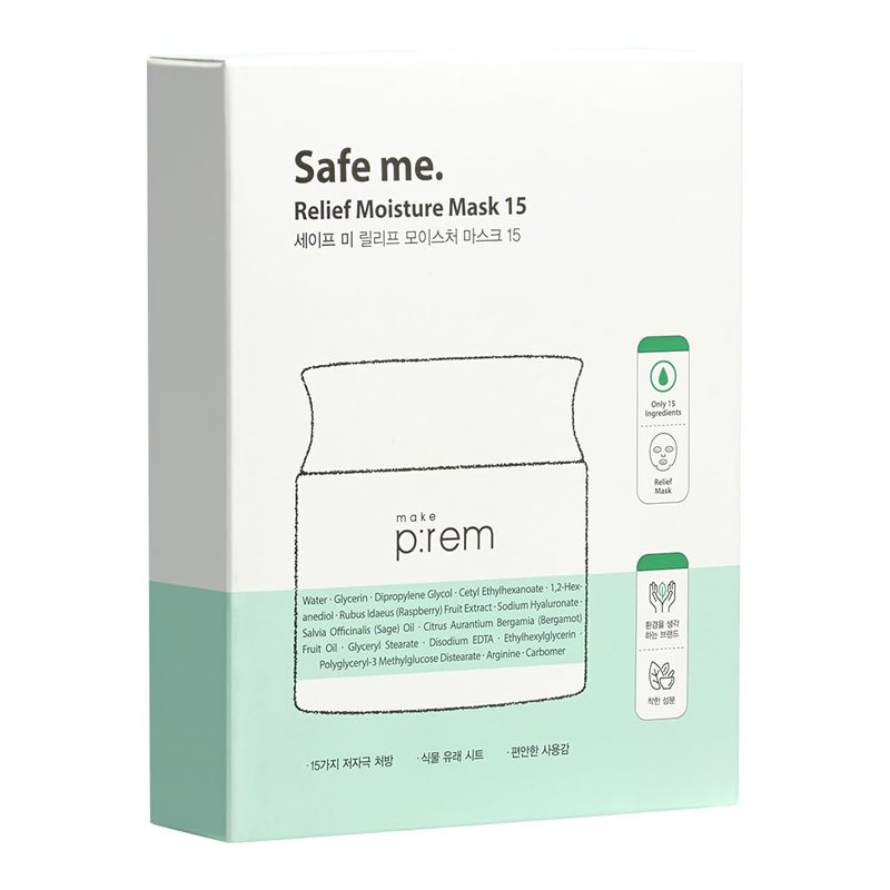MAKE P:REM Safe Me. Relief Moisture Mask 15, Hydrating Sheet Mask with Natural Ingredients, Enriched with Hyaluronic Acid for Comfort and Glow, Korean Skin Care, 0.84 fl.oz. (25ml) x 10EA
