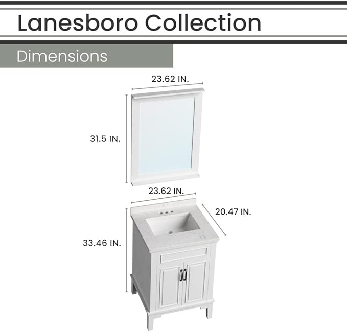 Hanover Lanesboro 24'' Vanity Cabinet with Sink Combo for Bathroom, Powder Room | Pre-Assembled Cabinet | 2 Doors | Accent Mirror | Artificial Stone Countertop, White Cabinet | HANVN0105-24-0WH