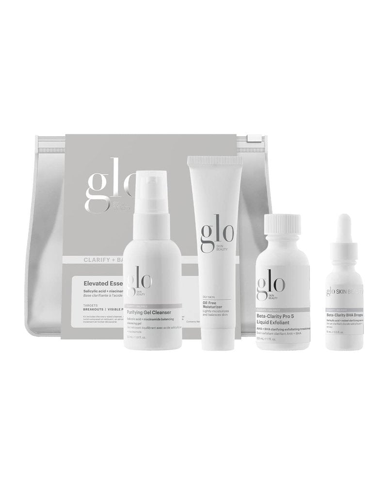 Glo Skin Beauty Clarify + Balance Skincare Set for Breakout Prone Skin - Mini Purifying Gel Cleanser, Mini Oil Free Moisturizer, Mini Beta-Clarity BHA Drops, Mini Beta-Clarity Pro 5 Liquid Exfoliant
