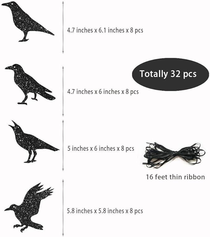 Cheerland Glitter Black Crow Garland Halloween Decorations for Gothic Gatherings Emo Party Tree Hanging Decoration Bird Raven Banner Decal Backdrop Centerpiece for Theme Birthday Party Supplies