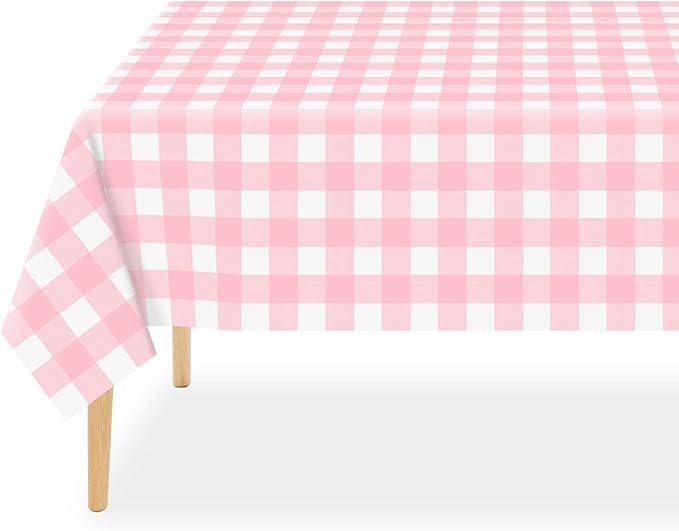 QIKSION Pink Gingham Tablecloth Disposable 3 Pack, 54 x 108 Inch Pink and White Checkered Table Cloth for Baby Shower, Easter, Mothers Day Decorations, Birthday Party, Rectangle, Plastic Table Cover