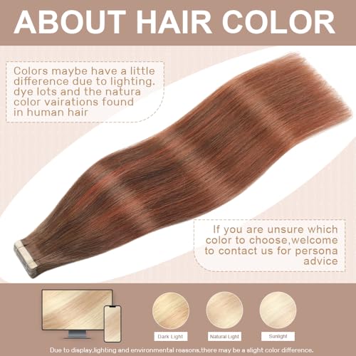 Tape in Hair Extensions Real Human Hair 24 Inch Balayage Chocolate Brown to Auburn Brown Tape for Skin Weft Hair Extension Invisible Tape in Hair Extensions Straight Remy Human Hair for Women 20pcs