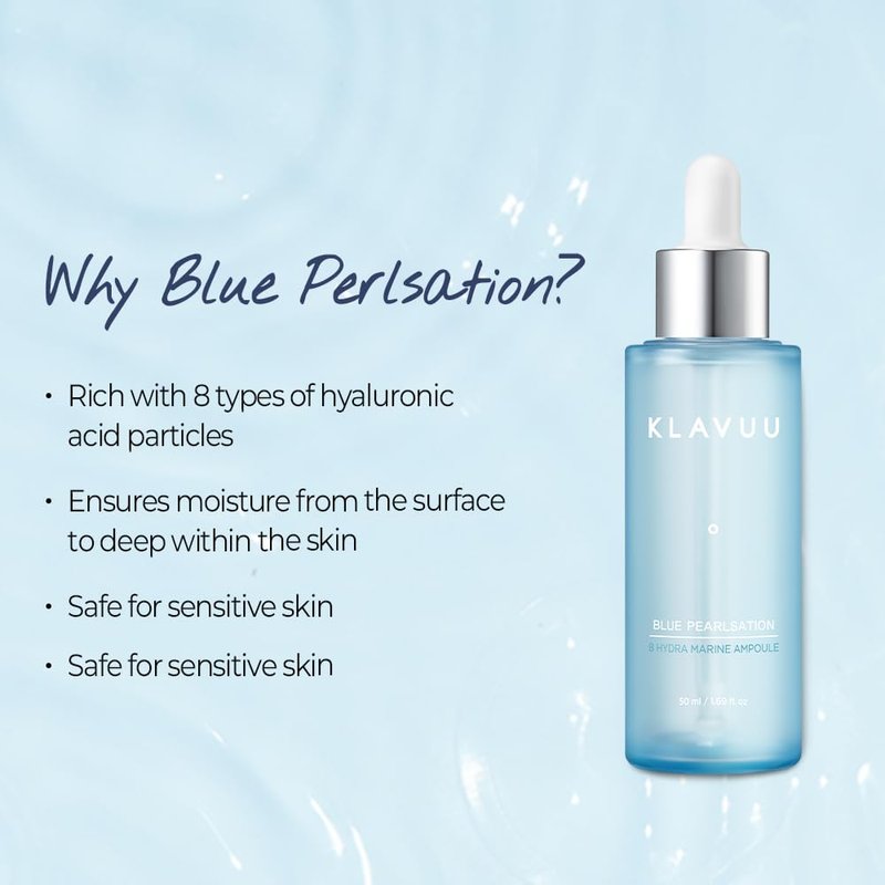 Klavuu BLUE PEARLSATION 8 Hydra Marine Ampoule - Enriched with Hyaluronic Acid for Dual-Layered Skin Hydration & Panthenol Nourishment - Ideal for Sensitive Skin Types – 1.69 floz
