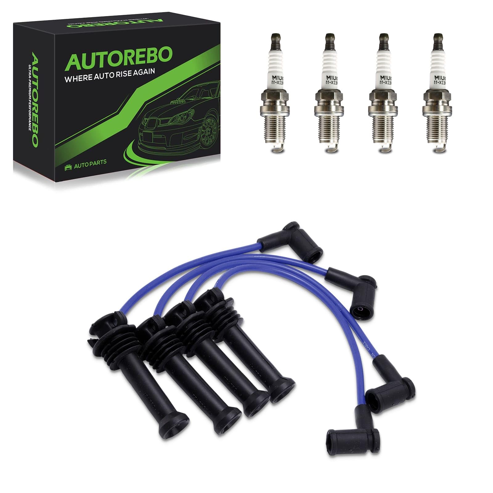 Iridium Spark Plugs with Wire Set 4 PCS Compatible with Ford Ranger 2001-2011 & Mazda B2300 2001-2010 L4 2.3L # 671-4065 6714065