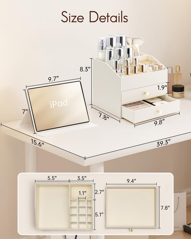VLANDO Makeup Organizer for Vanity,Large Capacity Bathroom Counter Organizer with Drawers,PU Leather Skin Care Storage for Lipstick,Brushes,Perfumes (Beige)