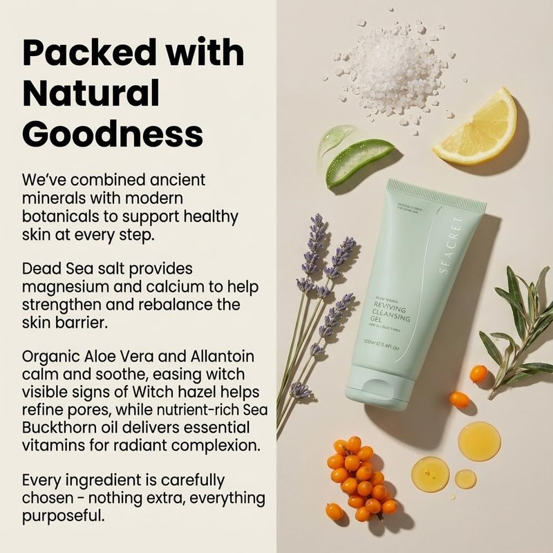 SEACRET Dead Sea Reviving Cleansing Gel - Gentle Facial Cleanser with Fruit AHAs & Minerals, Hydrating Foaming Face Wash, Naturally Scented with Lavender & Sage, All Skin Types, 3.4 Fl Oz / 100 ml