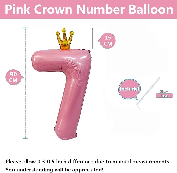 40 inch Pink Number 7 Balloon with Crown, Pink Crown Balloons 0-9 for 7th Birthday Party Anniversary Decorations Supplies