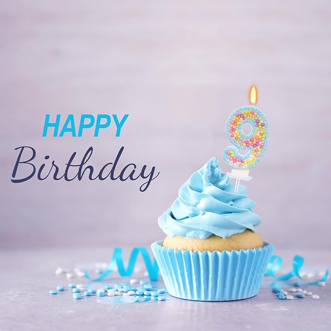 Birthday Candles - Number 9 Candle, Colorful Macaron Candles for Boys/Girls, Blue Cake Decorations, Blue Birthday Decorations, Cartoon Theme Party Supplies