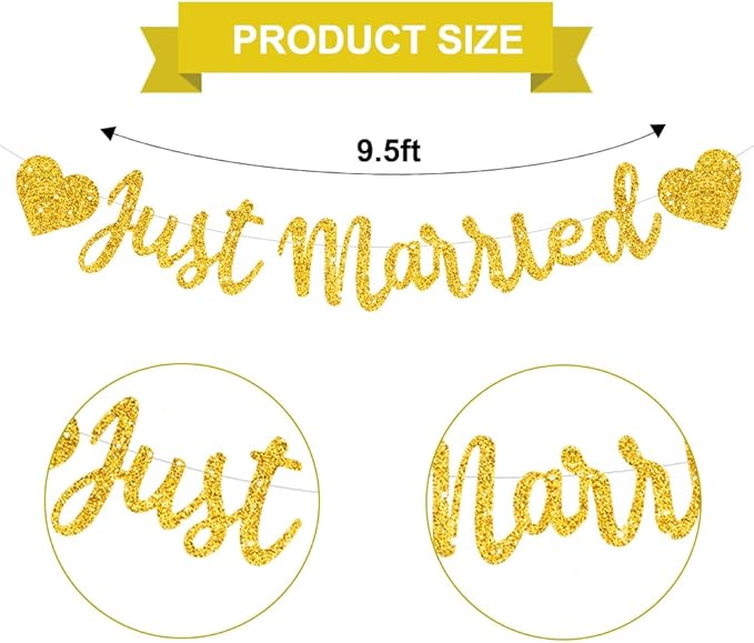 BEISHIDA Gold Just Married Banner - NO DIY, Glitter Wedding Party Banner,Just Married Signs, Bachelorette/Bridal Garland,Engagement Party Decor Supplies, Wedding Reception Party Decorations.