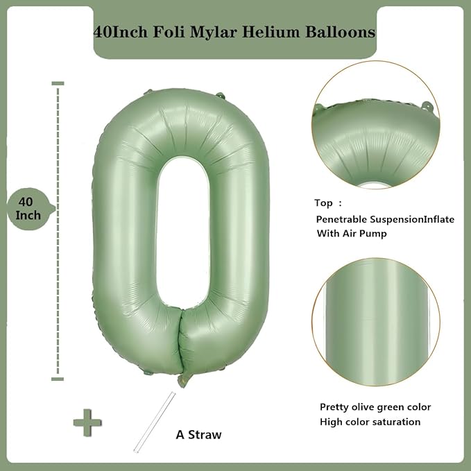 40 Inch Green Number Balloon 0 Olive Green Foil Balloon Sage Green 0 Balloons Mylar Helium Balloon for Birthday Party Decorations Girls Boys Baby Shower Wedding Anniversary Decoration (Number 0)