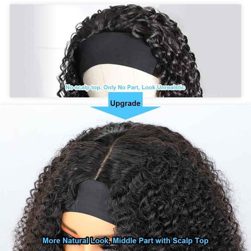 BLY Afro Curly Headband Wig Human Hair Half Wig for Women Glueless Kinky Curly Mongolian Wig 10A Grade 180% Density Natural Black Middle Part Headband Wigs 18 Inch