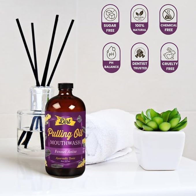 THE DIRT Oil Pulling Mouthwash - Gluten Free - Removes Plaque, Tartar, Bad Breath & Whitens Teeth (Fennel Anise, 8 Ounce)
