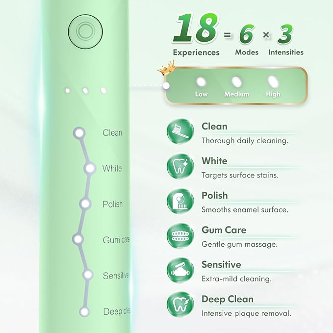 Electric Toothbrush for Adults Kids Electric Toothbrush Rechargeable Sonic Toothbrush Ultrasonic Toothbrush with Travel Case, Holder & 7 Brush Heads, 6 Modes & 3 Intensities, 2-Minute Timer (Green)