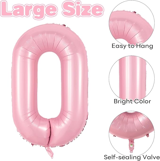 40 Inch Pink Number 0 Balloon, Light Pink Large 0-9 Birthday Balloons, Digital 0 Pastel Pink 0 Foil Balloons for Numbers 0/10/20/30/40/50/60/70/80/100 Year Old Birthday Anniversary Party Decorations