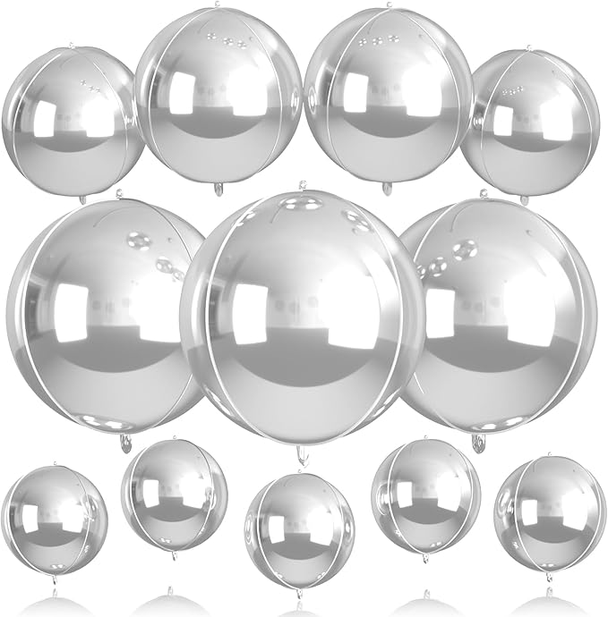 12 Pcs Silver Foil Balloons, 22" 15" 10" 4D Ball Shape Balloons Mirror, Different Size Metallic Silver Balloons for Disco Graduation Birthday Wedding New Year Baby Shower Party decorations Backdrop