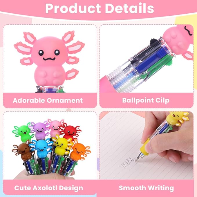 36pcs Fun Party Favor Pens Axolotl Mini Multicolor Pens in One 4-in-1 Bulk Kawaii Axolotl Cute Writing Stationery for Birthday Gifts Party Favors Supplies Rewards Holiday Gifts