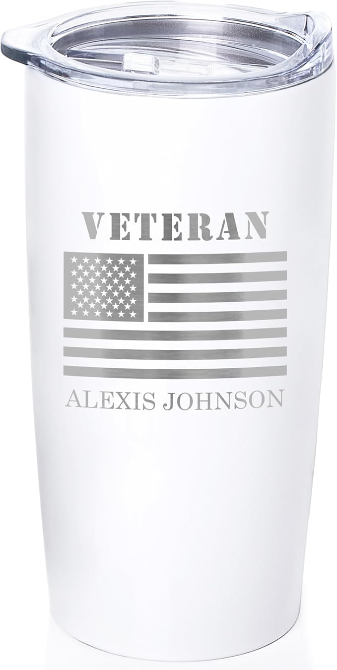 Lifetime Creations Engraved Personalized Veteran Tumbler 20 oz (White) with American Flag - Custom Veteran Gift for Veterans Day Event, Insulated Stainless Steel Coffee Travel Mug