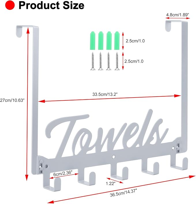Over The Door Hooks, Towel Rack for Bathroom & Bedroom, Heavy Duty Over Door Towel Hanger with 5 Coat Hooks, Silver