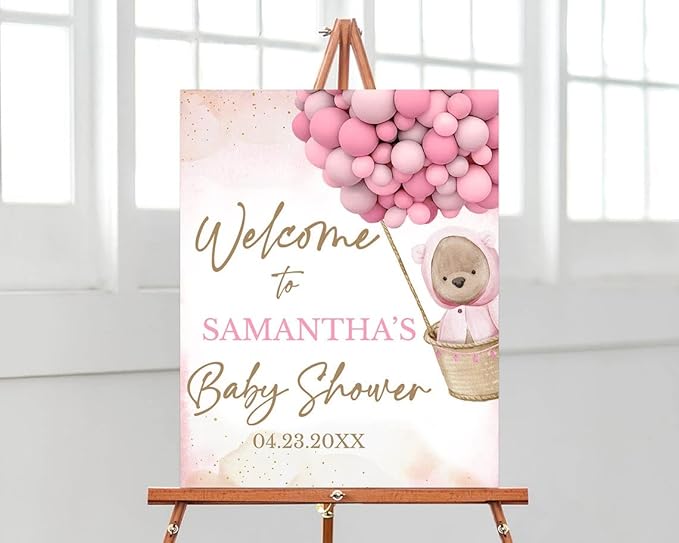 Baby Shower Sign, Baby Shower Welcome Sign, Pink Bear Balloon Baby Shower Welcome Sign, Pink Balloon Bear Baby Shower Sign