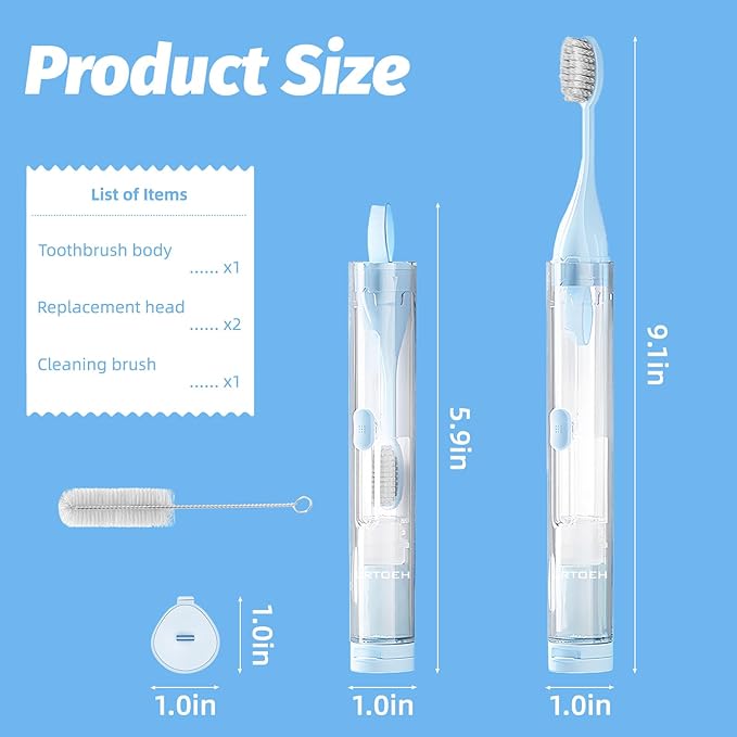 Folding Travel Toothbrush Set, Foldable Travel Toothbrush Kit with 2 Soft Brush Heads, Traveling Size Tooth Brush with Built-in Toothpaste Container for Hiking, Camping, On The Go (Blue)