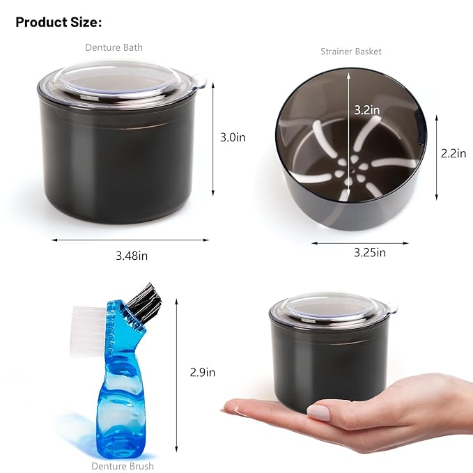 Denture Case, Leak Proof Denture Bath Cup, Full & Partial Denture Clean Holder Box with Strainer, Denture Brush, Denture Soaking Container Cups for Dentures, Retainers, Mouth Guard Storage Case -Black