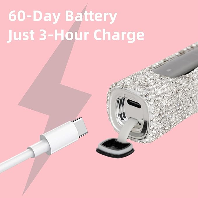 Diamond Sonic Electric Toothbrush Bling Rechargeable Toothbrushes for Adults with 6 Brush Heads Vibrating Toothbrush-5 Modes, USB-C Fast Charge,2Min Smart Timer,IPX7 Waterproof(White)