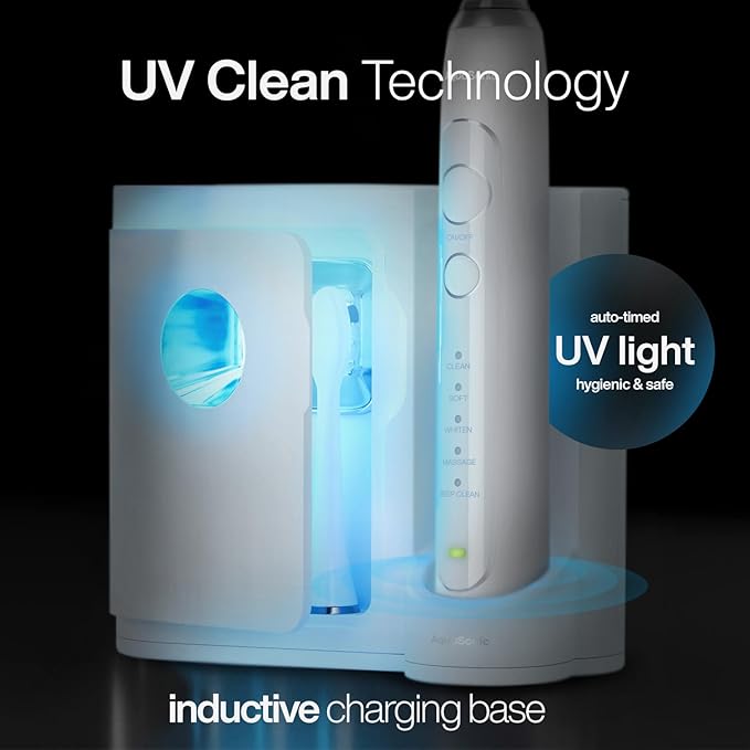 Aquasonic Vibe Series PRO – Ultra-Whitening Electric Toothbrush – 5 Modes & Smart Timers – UV Sanitizing Base – ADA Accepted (Optic White)