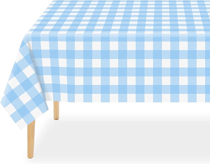 QIKSION Light Blue Gingham Tablecloth Disposable 6 Pack, 54 x 108 Inch Blue and White Checkered Table Cloth for Baby Shower, Easter Decorations, Birthday Party, Rectangle, Plastic Table Cover