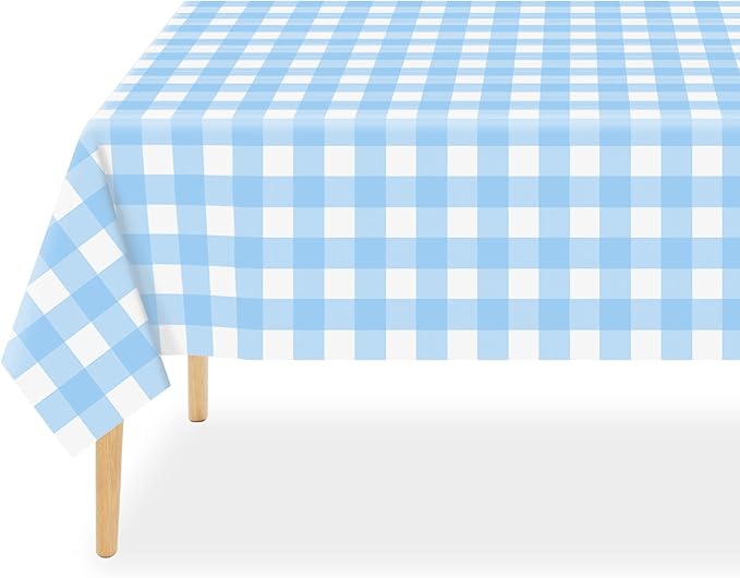 QIKSION Light Blue Gingham Tablecloth Disposable 2 Pack, 54 x 108 Inch Blue and White Checkered Table Cloth for Baby Shower, Easter Decorations, Birthday Party, Rectangle, Plastic Table Cover