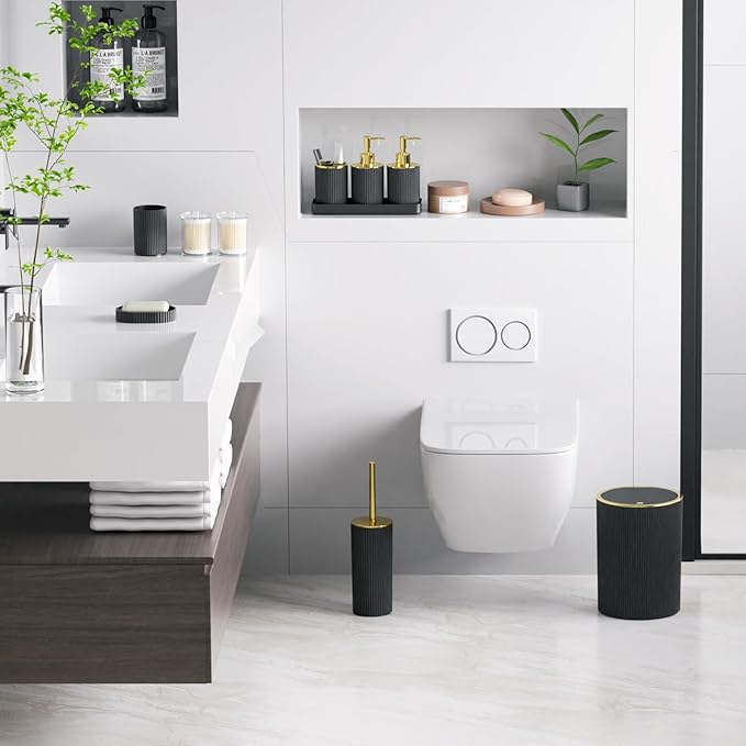 Black Gold Bathroom Accessories Set, 10PC Bathroom Set, Bath Accessory with Pop Up Trash Can, Soap Dispenser, Toilet Brush, Toothbrush Set Qtip Holders & Tray