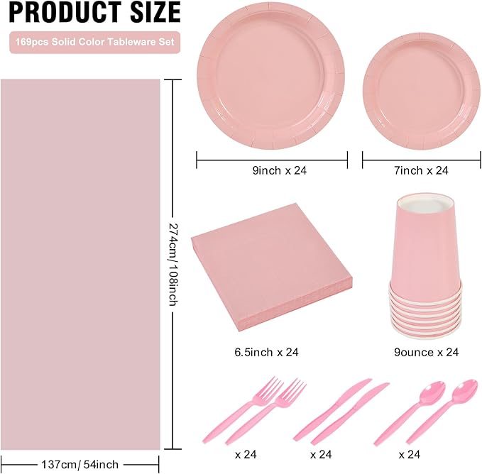 Ottin 169PCS Pink Party Supplies for 24 Guests – Disposable Paper Plates, Napkins, Cups, Forks, Knives, Spoons & Tablecloth for Birthday, Wedding, Halloween, Thanksgiving, Christmas, and New Year