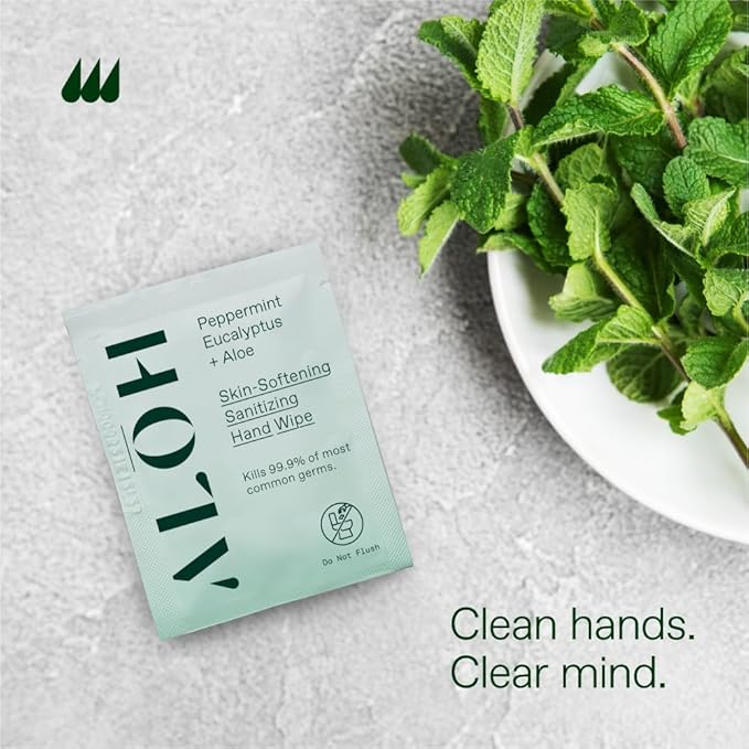 ALŌH Skin - Softening Sanitizing Hand Wipes - Peppermint Eucalyptus + Aloe (4 Boxes of 20 Individually Wrapped Wipes (80 wipes))
