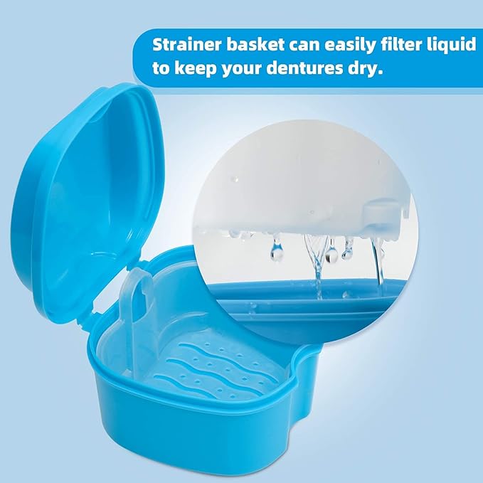 Dental Orthodontic Retainer Case Cleaning with Strainer Basket, Denture Bath Box Soaking Cup Mouthguard Storage Holder - Blue