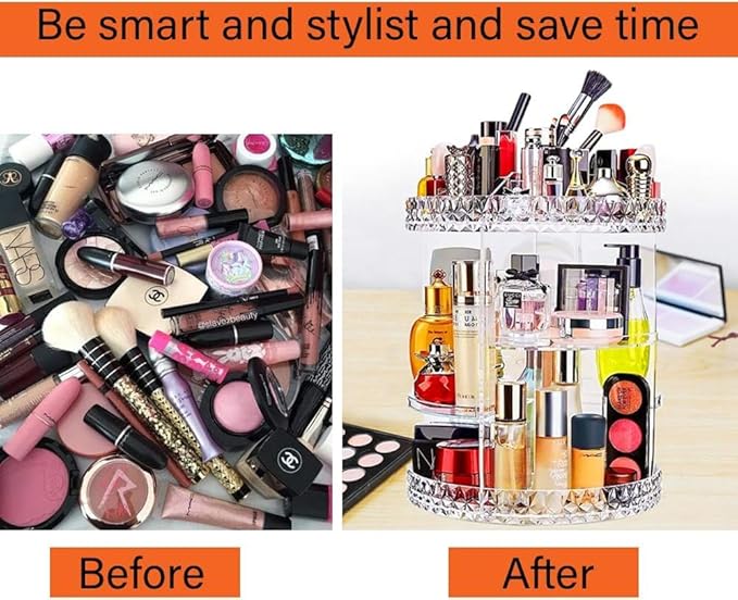 ZHIAI 360 Rotating Makeup Organizer, Large Capacity Cosmetics Organizer for Perfume Holder Organizer Countertop, DIY Adjustable Bathroom Makeup Carousel Holder Rack, Clear Diamond