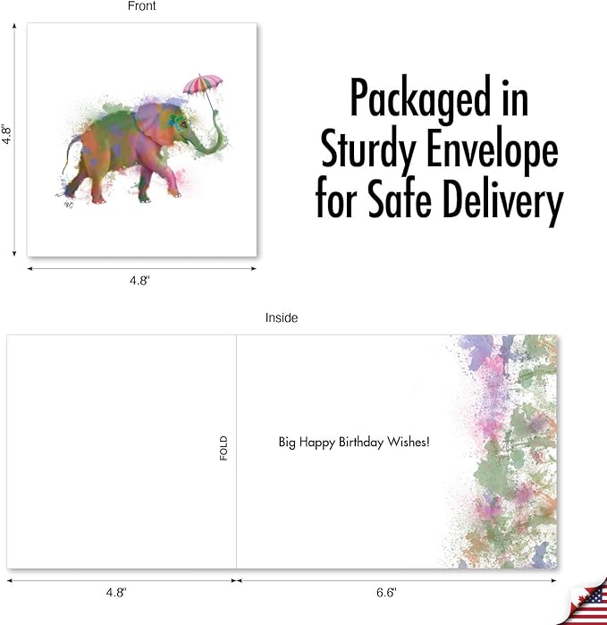 The Best Card Company - 1 Happy Birthday Card with Envelope - Adorable Colorful Animals, Fun Whimsical Notecard - Funky Rainbow Wildlife - Elephant CQ4948JBDG