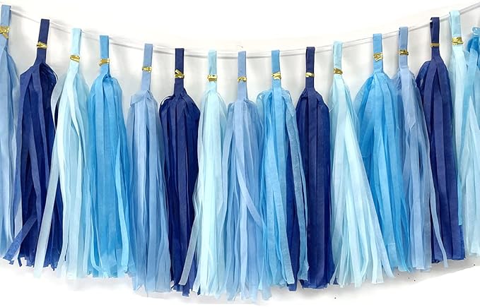 Tissue Paper Tassels Garland Banner Table Decor Party Banner Wedding Birthday Baby Shower Nursery Party Decorations Supplies (20, Lt-Blue+Blue+Sky Blue+Royal Blue)