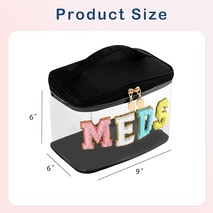 Large Waterproof Chenille Letter Medicine Clear Makeup Bag, Transparent PVC Nylon Preppy Patch Cosmetic Bag with Handle, Portable Meds First Aid Travel Organizer Cosmetic Bag (07MEDS- Black)