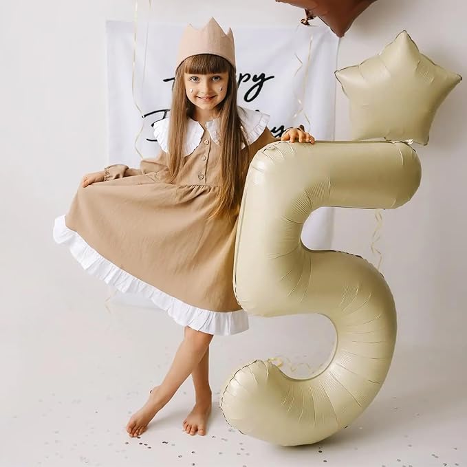 Number 5 Balloon Beige,40 Inch Large Cream Foil 5 Helium Balloons for Boys Girls Birthday Anniversary Decorations