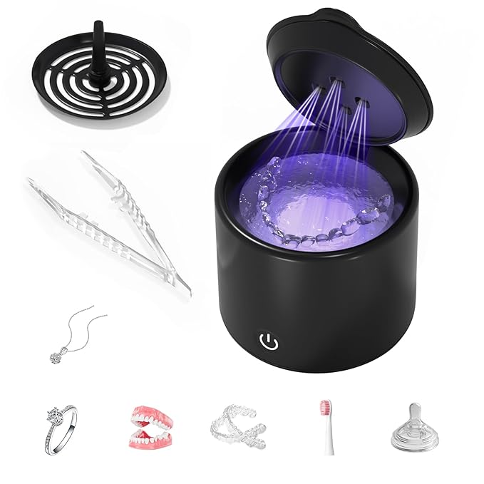 Ultrasonic Retainer Cleaner, 48kHz Denture Cleaner, Retainer Cleaning Machine for Denture, Retainer, Aligner, Jewelry, Mouth Guard, Brace, Toothbrush, Pacifier, Razor, 3 Modes Jewelry Cleaner 200ML