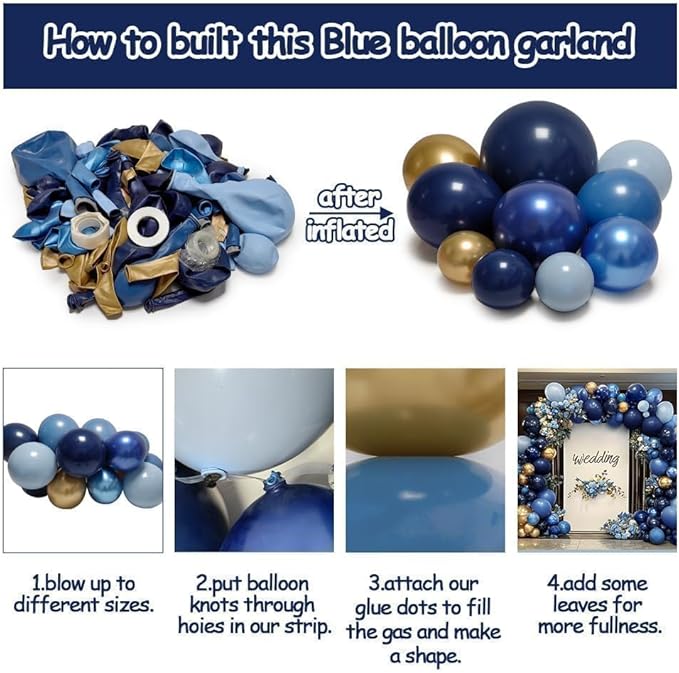 Navy Blue Gold Balloon Arch Kit - Double Stuffed Royal Dusty Blue Gold Balloon Garland Latex Pastel Dark Different Sizes for Graduation Birthday Wedding Baby Shower Anniversary Father's Day Decor